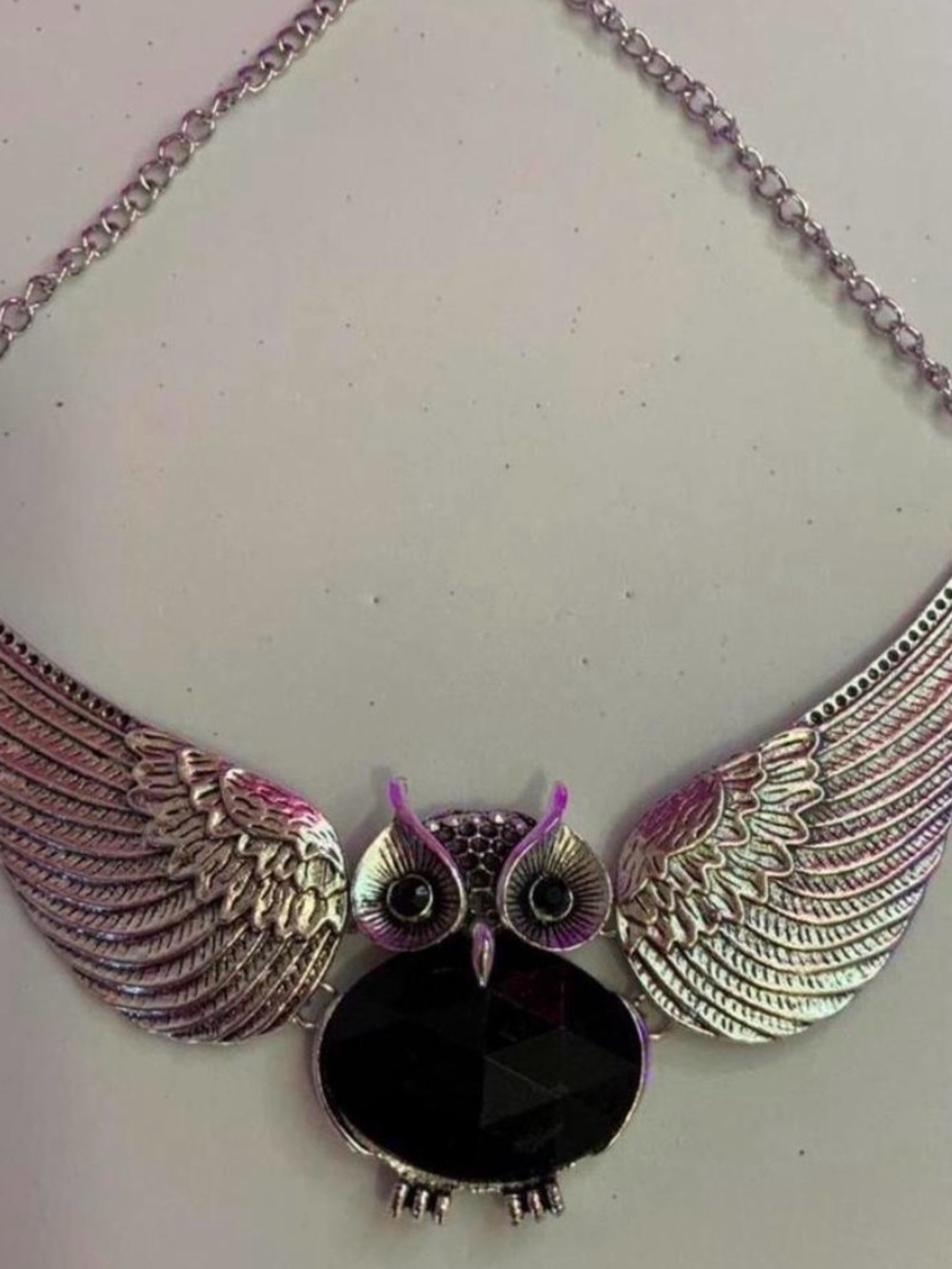 Large Silver Tone Owl Necklace with Black Faceted Center (Z-6)